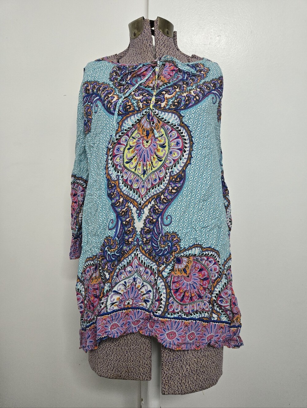 Caleooa Open Shoulder Boho Artsy Beachy Nautical Paisley Print Blouse SZ Medium
